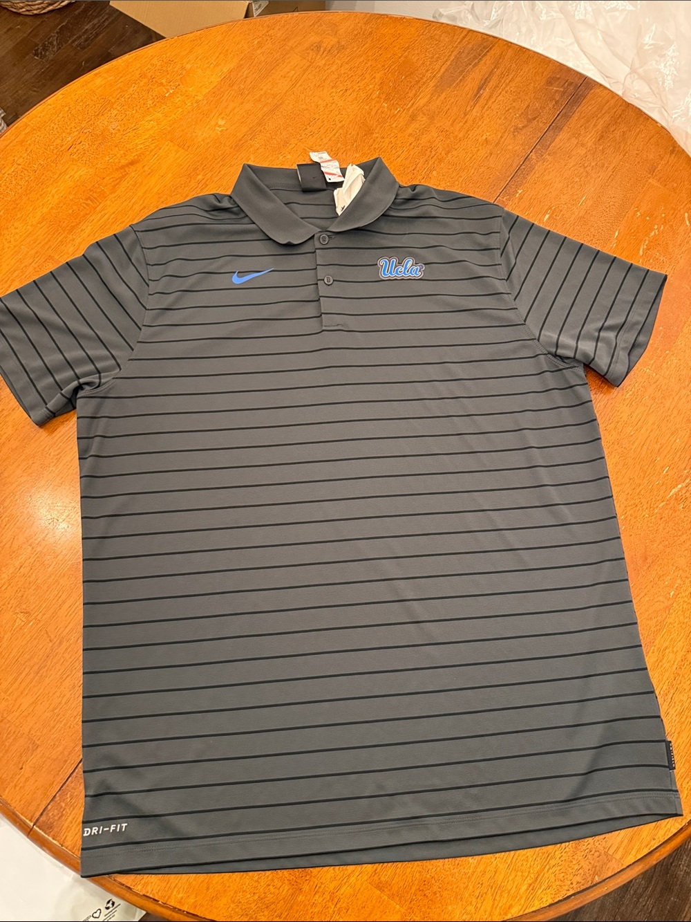 Nike Men's Gray Striped Polo with Blue UCLA and Swoosh xl